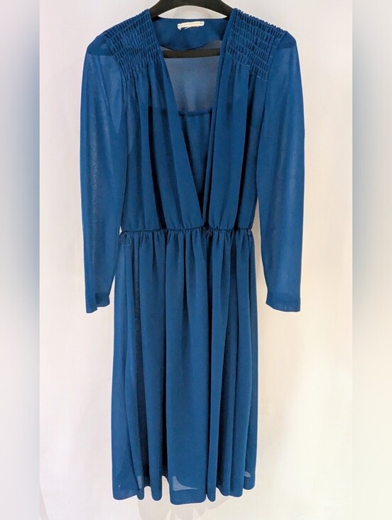 Dresses & Skirts - Elegant Deep Blue Long Sleeve V-Neck Midi Dress